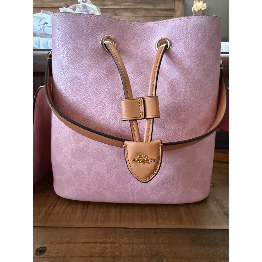 NWT Coach Bucket Bag Women's Medium Pink Signature Canvas Leather Crossbody - Picture 5 of 14